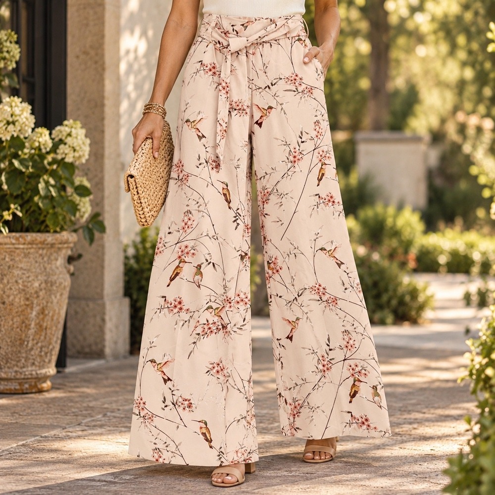 New York & Company Hummingbird Floral Palazzo Pants Pink Wide Leg Stretch M NWT